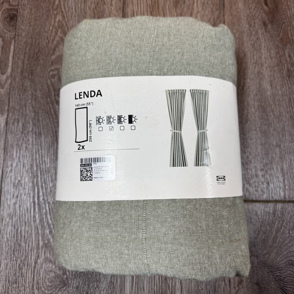 Ikea LENDA Curtains 2 Panels w/Ties Cotton 55" x 98” Green-Gray 305.592.04